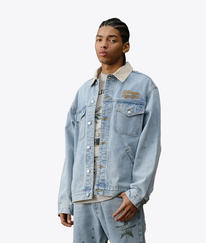 LIGHT WASHED SOUVENIR CORD COLLAR DENIM TRUCKER JACKET